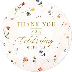 Mobiusea Creation Spring Wild Floral Wedding Thank You Labels Thank You for Celebrating with Us Stickers | 2 inch | Gold Foil | 60pcs Waterproof Favor Labels for Wedding, Bridal Shower, Baby Shower
