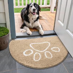Smiry Half Circle Dog Door Mat for Muddy Paws, Absorbent Dirt Trapper Non Slip Quick Dry Washable Chenille Mat for Mud Dogs, Entry Rug for Indoor and Outdoor (30x20 Inches, Beige)