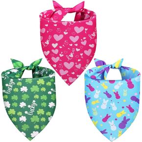 Valentines Dog Bandana St Patricks Day and Easter Dog Bandana Large 3PCS, Colorful Scarf for Boy and Girl, Triangle Reversible Bibs.