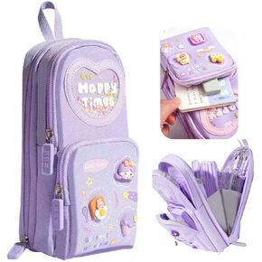 Large Capacity Kawaii Purple Pencil Case - Cute 3-Compartment Stationery Organizer for School Supplies, Office, and Travel | Ideal Gift for Students, Artists, and Art Lovers, Holds 50 Pens or Pencils
