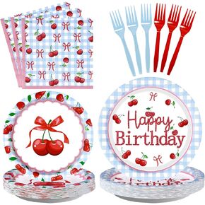 Grencian 96 PCS Cherry Birthday Party Decorations Blue Gingham Cherry Plates Spring Cherry Party Supplies Disposable Fruit Tableware Set for Birthday Baby Shower Fruit Theme Decorations