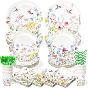 300 Pcs Spring Wildflower Plates and Napkins Tableware Set,Plates Napkins Cups Straws and Forks Sets Party Supplies, Spring Floral Baby Shower Birthday Decorations,Serves 50 Guests