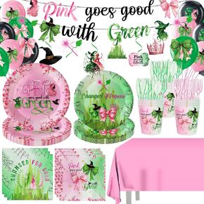 194pcs مجموعة الأدوات المائدة الساحرة الوردي والأخضر وتشمل اللوحات الخضراء اللوحات الخضراء والمناديل المائدة لمستلزمات الحفلات السحرية ذات الطابع السحري