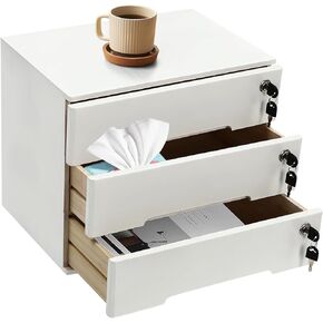 3 Tier Wooden Desktop Storage Cabinet, Multifunctional Office Supplies Organizer, Large Capacity File Organizer Makeup Tool Cabinet, Flat File Cabinet with Lockable Drawers