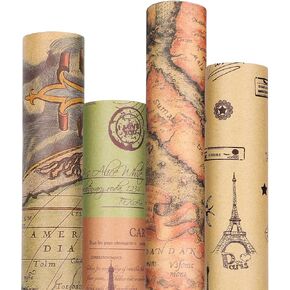Whaline Vintage World Map Wrapping Paper - Not Roll - Retro Famous Building Gift Wrap Paper Folded Flat Kraft DIY Craft Art Paper for Wedding Birthday Party Decor Supplies, 8 Sheets