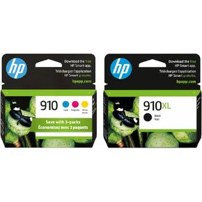 HP 910 Cyan, Magenta, Yellow (3-pack) / 910XL Black Ink (1-pack)Cartridges | Works with HP OfficeJet 8010, 8020 Series; HP OfficeJet Pro 8020, 8030 Series | Eligible for Instant Ink