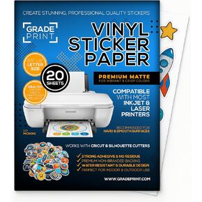 GradePrint Matte Sticker Paper - 20 Full Sheets (8.5 x 11) - Printable Vinyl for Inkjet & Laser Printers - Waterproof, Tear-Resistant - Sticker Labels for Planners, Crafts, Small Business