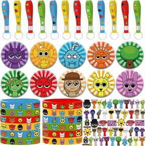 SNABETNA 84pcs Birthday Party Decorations Stickers Set include 12 Rubber Bracelets, 12 Keychain Wristbands,10 Button Pins and 50 Stickers for Birthday Party Supplies