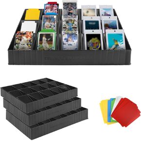4 Pack Card Sorting Tray, Stackable Trading Card Organizer, 15-Compartment Cards Sorter with 40 Label Dividers for Storing and Displaying Collections Cards