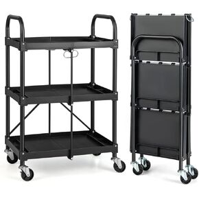 IRONMAX Folding Service Cart with Wheels, Heavy Duty Metal 3 Tier Foldable Utility Cart w/Universal Wheel & Compartments, Collapsible Tool Push Cart for Home Garage Office