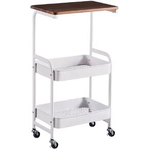 3 Tier Rolling Cart with Wooden Tabletop, Small Metal Desk Utility Carts, Rolling Storage Organizer Cart on Wheels for Home, Kitchen, Office, Bedroom, White