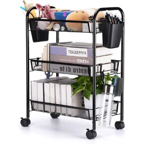 3 Tier All-Metal Rolling Utility Cart with Locking Wheels,Easy-Carry and Assembly Mesh Trolley Cart with 2 Small Baskets and 4 Hooks for Bathroom Kitchen Office Balcony,Slide-Out Narrow Shelf