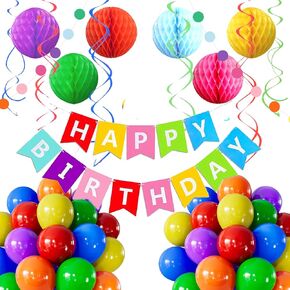 Pastel Birthday Party Decorations, Happy Birthday Banner with Pastel Balloons Honeycomb Balls Paper Circle Garland Swirl Streamers For Party Supplies