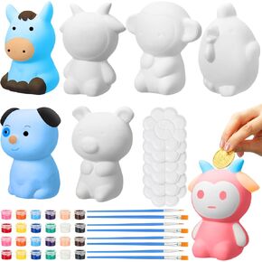 6 Pcs Paint Your Own Ceramic Animal Piggy Bank for Kids Boys Girls Bulk Small DIY Money Coin Bank with Paint Kit for Home Decor Back to School Gifts(Horse, Sheep, Monkey, Chicken, Dog, Pig)