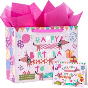 WRAPAHOLIC 13" Large Dog Birthday Gift Bag with Card and Tissue Paper - Gold Foil Dachshund Dogs Happy Birthday Bag for Girl Boy Kids, Baby Shower