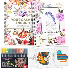 Adult Coloring Books for Women, 2 Books & 36 Dual Tip Markers | 64 Animal & Floral Designs with Positive Affirmations | Premium Art Supplies for Stress & Anxiety Relief