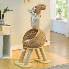 PAWZ Road 46" Dinosaur Cat Tree Tower with Scratching Post, Large Rattan Cat House in 18" Diameter, Wicker Cat Bed with Removable Mat for Indoor Cats