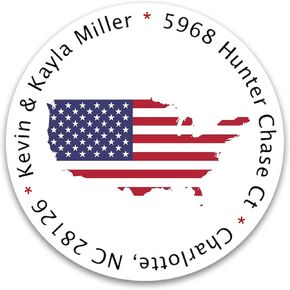 Personalized Return Address Labels Patriotic - Set of 120 Custom Mailing Labels for Envelopes, Self Adhesive Flat Sheet Round Personalized Name Stickers (USA Flag - USA Map)