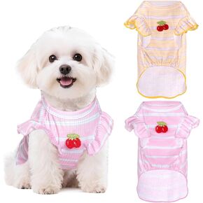 Dog Shirts Summer Striped Small Dogs T Shirt Cute Cherry Embroidery Vest for Puppy Dogs Cats Soft Cotton Stretchable Pullover for Chihuahua Yorkies (X-Large,Pink+Yellow)