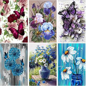 Binyuellr 6 Pack 5d 5 D Diamond Painting Kits للبالغين ، والفراشة والأنماط الزهرة مجموعات فن الماس DIY للطلاء بالأحجار الكريمة بواسطة مجموعات الأرقام ، وديكور الجدار المنزلي للحرف اليدوية للمبتدئين 11.8 × 15.7 بوصة