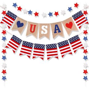 HOWAF 4th of July Decorations Red White and Blue USA Flag Burlap Banner, Star Streamers for fourth of July 4th Decor patriotic decorations Independence Day, Veteran Day, Labor Day, Memorial Day