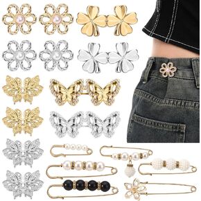 24 Pieces Pant Waist Tightener, 18 Jean Tightener for Pants Women, 6 Brooch Clip Buckles, No Sew and Detachable Jean Buttons Pins for Loose Jeans Dresses Pants Decoration Accessories Silver