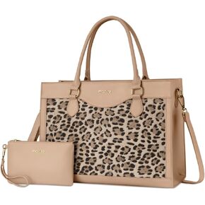 MOSISO Laptop Tote Bag with Large Capacity, 15.6 inch PU Leather Leopard Grain Laptop Bag for Women & Clutch Purse, Waterproof Computer Bags Work Briefcase for Business Teacher Office College, Apricot