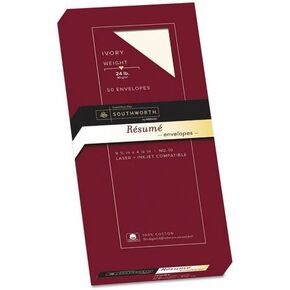 Southworth 100% Cotton #10 Resume Envelope, 4 1/8 x 9 1/2, Ivory, 24lb, Wove, 50/Box