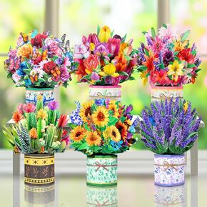 Pop Up Flower Bouquet Card Set for Women – 6 Unique 3D Floral Designs with Envelopes and Blank Note Cards for Birthdays, Mother's Day, Thank You, Get Well, and More