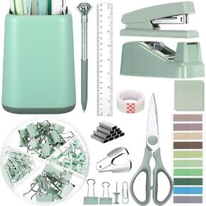 Marspark 12 Pcs Sage Green Office Supplies Desk Accessories Set Pen Holder Tape Dispenser Stapler Staple Remover Staples Tape Ruler Scissor Pen Sticky Note Index Tab Clips Set for Office School Home