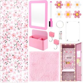 15 Pcs Locker Accessories Kit Pink Flower Magnetic Wallpaper Magnetic Mirror Whiteboard Pen Holder Magnet Hook Locker Rug Marker Pen String Light for Girls Back to School Essentials Locker Decorations