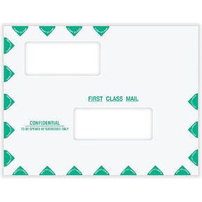 First Class Double Window Envelope, Tax Mailer, Offset Windows, Confidential, Landscape Format, White/Green, Self-Seal, 10" x 13", Pack of 50