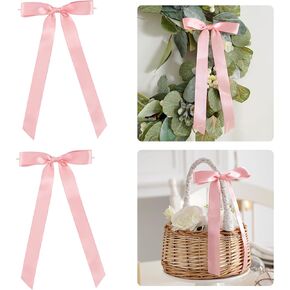 50 PCs Pink Bow Decor 5.5'' Satin Bows with Long Tail, Twist Tie Bows for Craft, Packaging Ribbon Bows, Premade Bows for Cake Decorating, Gift Bows for Treat, Wedding Favor, Party