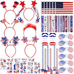 DINESIL 114Pcs Patriotic Party Favor of Headbands, Necklaces, Glasses, Flags, Slap Bracelets, Mustaches and Tattoo Stickers for 4th of July Celebration, Independence Memorial Day Party Decorations