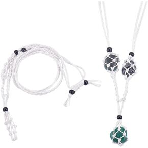 Black Empty Crystal Necklace Holder Adjustable Gabion Rope Necklace With 3 Mesh Pockets Nylon Woven Crystal Cage Necklace Holder with Natural Wood Beads for Necklace Jewelry Making