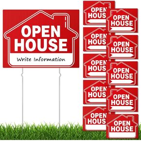 (10 Pack) Open House Signs for Real Estate, 17 x 13 Inch, Double Sided Directional Arrows Yard Signs with Open House Flag/Balloons for Real Estate Agent Supplies, Metal Stakes, Large