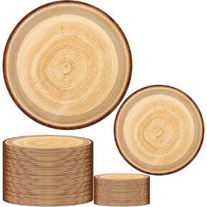 50pcs Wood Grain Paper Plates 9/7inch Rustic Wood Slice Paper Plates Disposable Party Dinner Plates Baby Shower Lumberjack Themed Birthday Party Decorations (Wood Grain)