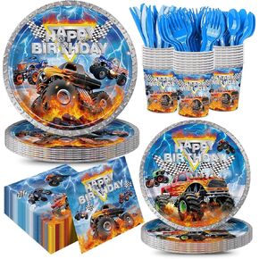 168pcs Monster Truck Plates Napkins Birthday Party Decorations Disposable Paper Cups Monster Car Tableware Set Party Supplies for Kids Boys 1st 2nd 3rd Birthday Decor Serves 24 Guests