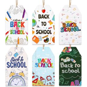 HOWAF 60pcs Welcome Back to School Gift Tags, First Day of School Label Tags for School Supplies Gift Decor DIY Craft, Back to School Label Tags with Rope for School Class Decor Students Prize