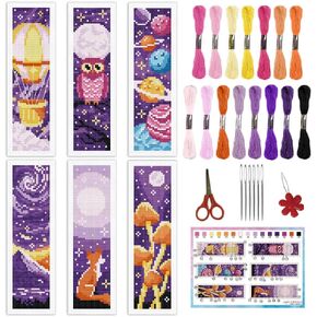 infunly 6pcs Purple Diy Cross Strick Borkmark Kits 2.4''x7.9 'Owls Stamped Embroidery Longmark Kit مع تعليمات مرجعية للتطريز البالون الساخن مع نمط مطبوع مسبقًا لمحبي الكتب