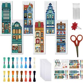 FREEBLOSS 6 Set Cross Stitch Bookmark Kit Stamped Cross Stitch Kit Street View Pattern Embroidery Set with Instruction for Adults 8''*2.4''