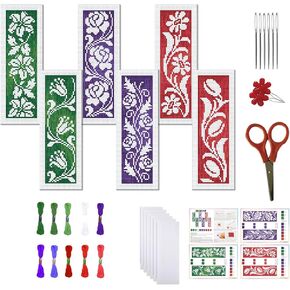 FREEBLOSS 6 Set Cross Stitch Bookmark Kit Stamped Cross Stitch Kit Hollow Flowers Theme Embroidery Set with Instruction for Adults 8''*2.4''