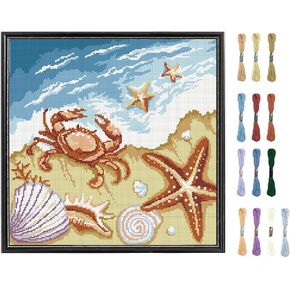FREEBLOSS Flamingo Cross Stitch Kit Stamped Cross Stitch Wall Hanging Kit for Adults with Instructions Beach Waves and Starfish Pure Cotton Cloth Embroidery Kits for Beginnrs No Frame 18 * 18"