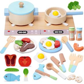 Play Kitchen Accessories, Wooden Play Cooking Set, Pretend Play Kitchen Set for Kids, Including Stove, Cookware Pots and Pans, Cooking Utensils Playset, ​Cutting Food Playset for Girls Boys Toddler