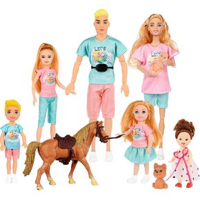 Family Dolls Set of 7 People Include Pregnant Mom Dad 4 Kids, a Small Baby in Mommy's Tummy,a Puppy Dog and a Little Horse, Doll Playsets and Accessories for 3-12 Years Old Toddlers Gift