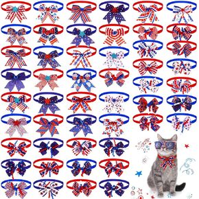 50 Pcs 4th of July Dog Bow Ties Patriotic Dog Collars Bulk American USA Flag Pet Collar Neckties for Small Medium Pet Cat Outfit Accessories Independence Memorial Day Party Supplies
