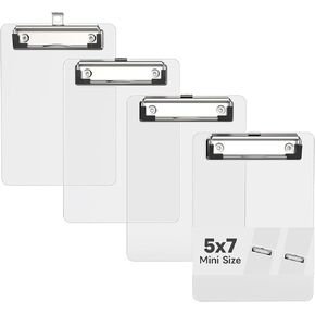 Mini Clipboard Set of 4, 5 x 7 Plastic Small Blue Clip Boards with Low Profile Clip, Memo Size for Classroom, Teacher, Students, School & Office Supplies