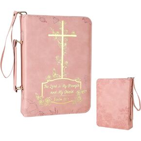 Bible Cover Case for Women -Large PU Leather Debossed Scripture Cover with Cross & Rose - Bible Accessories - Bible Carrying Case for Women, Girls, Gifts (Khaki Gold)