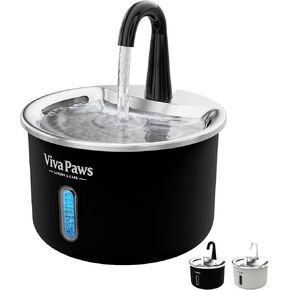 Viva Paws Cat Water Fountain, 2L/74oz Stainless Steel Pet Fountain with LED Light, Ultra-Quiet Pump <25dB, Water Level Window, 4-Stage Filter, Dishwasher Safe, for Cats & Small Pets