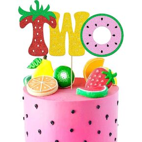 Fruit Two Cake Topper Glitter Gold Fruity Two Cake Decorations for Girls Boys Strawberry Watermelon Pineapple Summer Fruits Happy Birthday Decorations Party Supplies for Baby Shower Kids